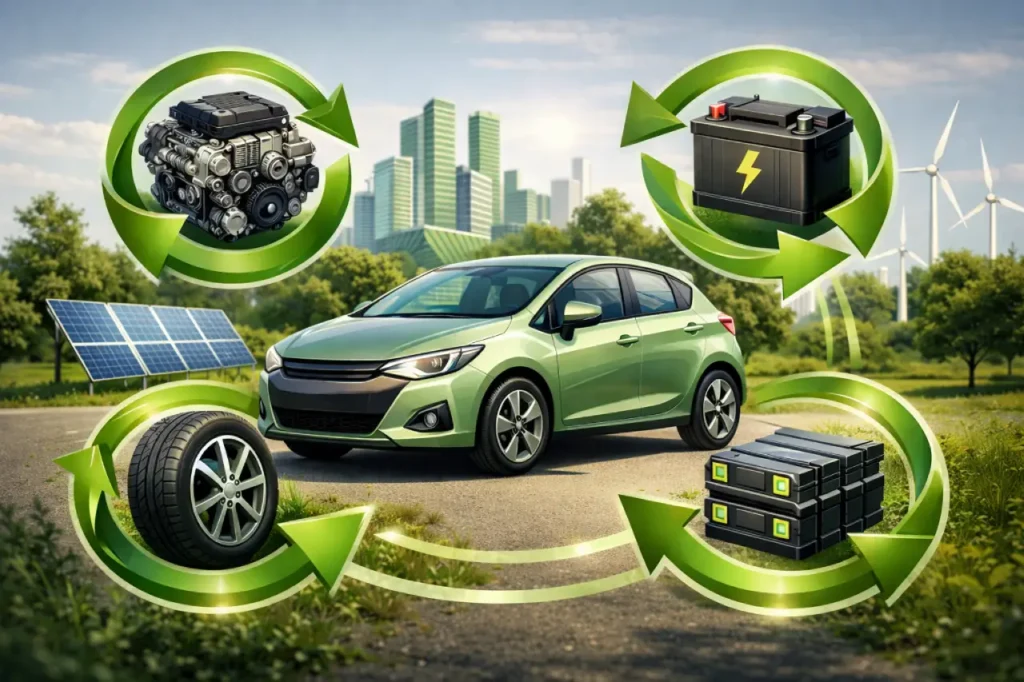 Illustration conceptuelle d&rsquo;une voiture entour&eacute;e de fl&egrave;ches circulaires symbolisant le recyclage